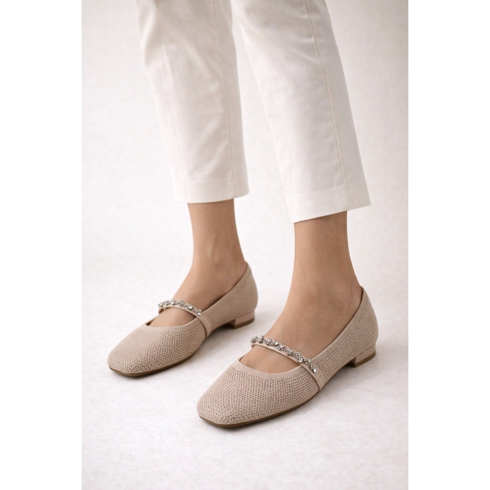 Cosy Island Nude Knit Flats with Rhinestone Strap Size‎ 7.5